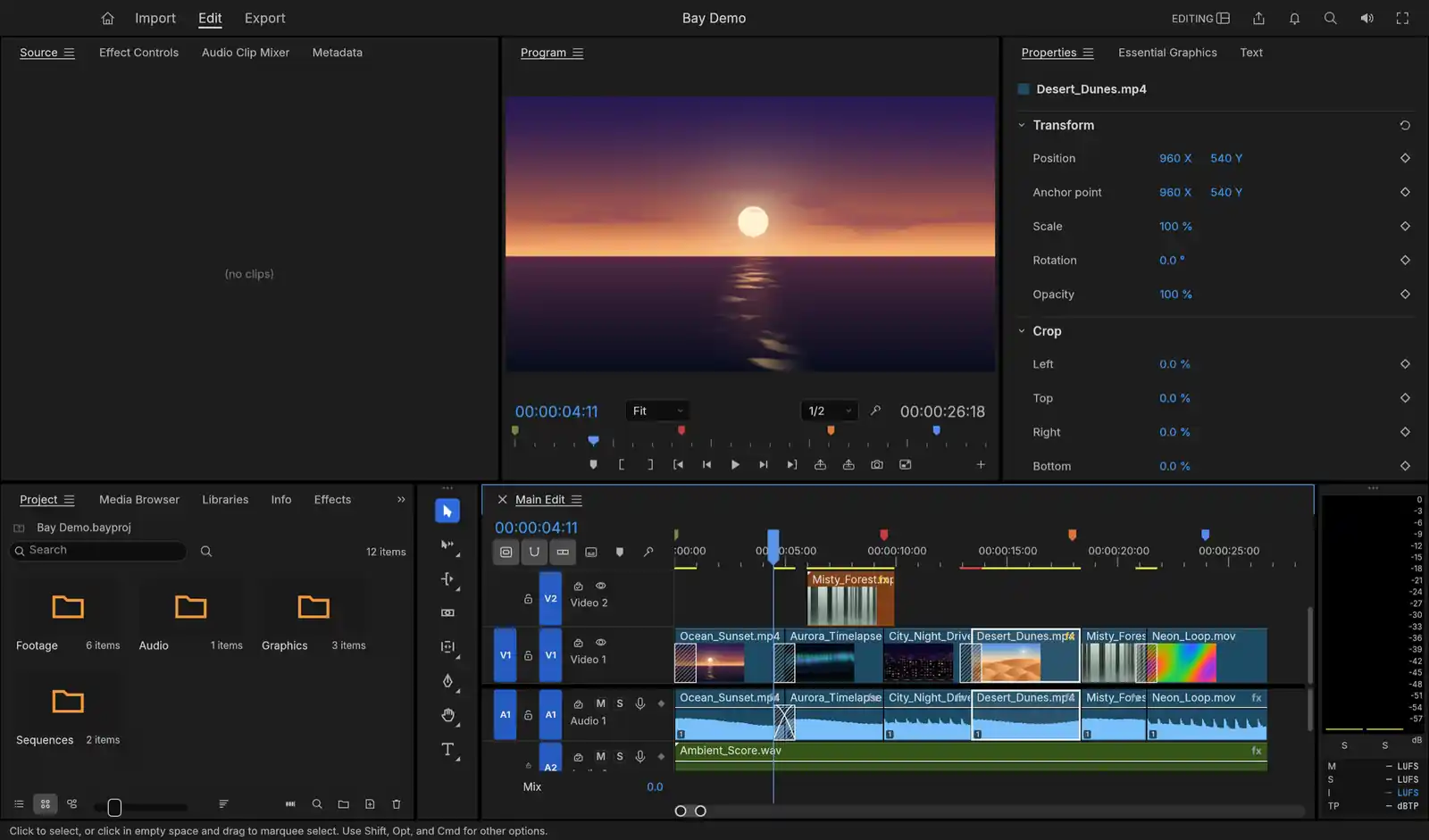 A clip selected on the timeline, with its position, scale, rotation, opacity and crop controls in the Properties panel.